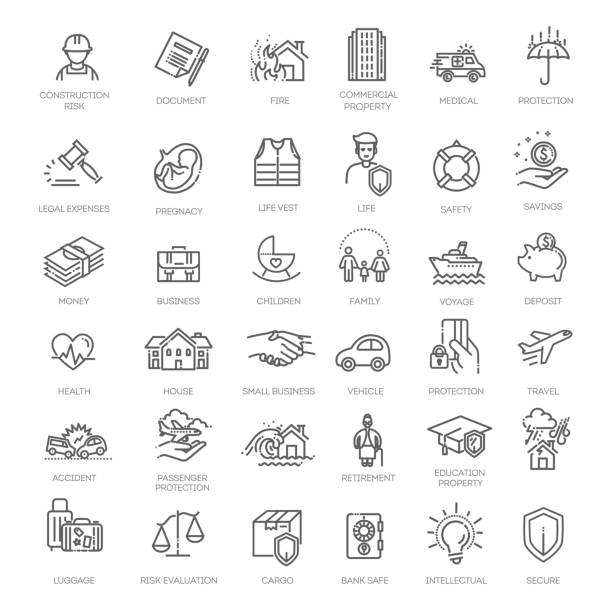 보험 아이콘 씬 라인 세트 지원 서비스 - symbol house computer icon icon set stock illustrations