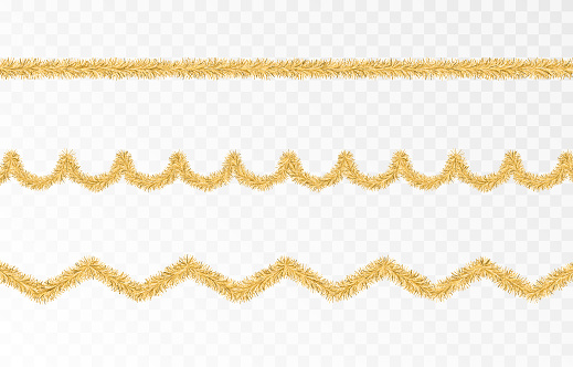 Vector Christmas tinsel. Gold tinsel, gold garland, decor element. Christmas, holiday. Vector.