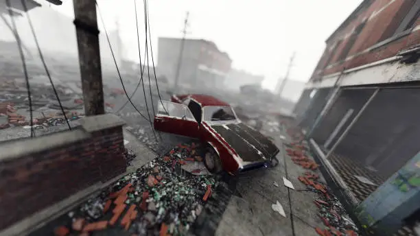 Vintage muscle car in an abandoned and destroyed city in the mist. 3D render. High angle view.