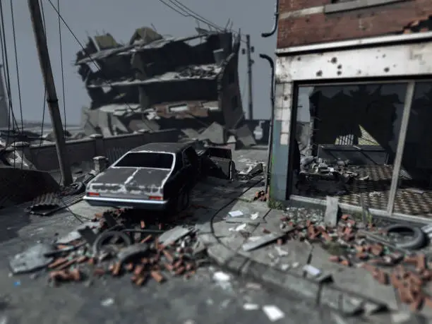 Vintage muscle car in an abandoned and destroyed city. 3D render.