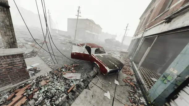 Vintage muscle car in an abandoned and destroyed city in the mist. 3D render. High angle view.