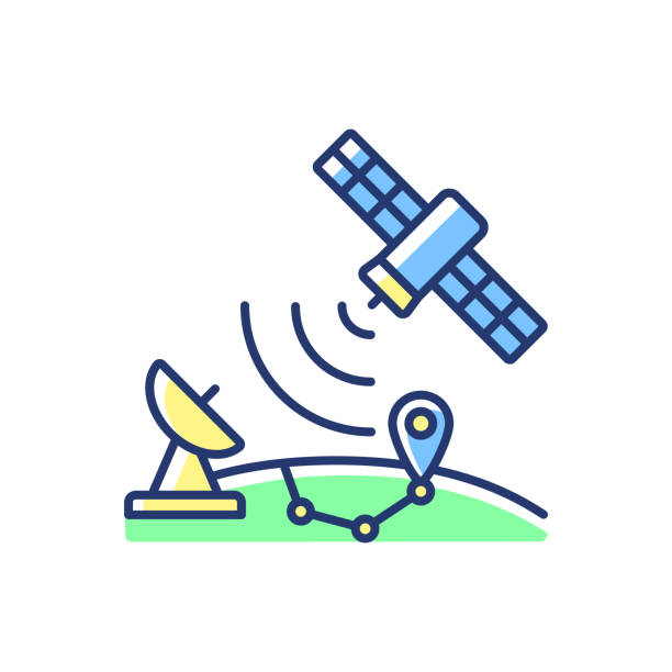 ilustraciones, imágenes clip art, dibujos animados e iconos de stock de sistema de posicionamiento global azul, verde icono de color rgb - satellite global positioning system surveillance satellite dish