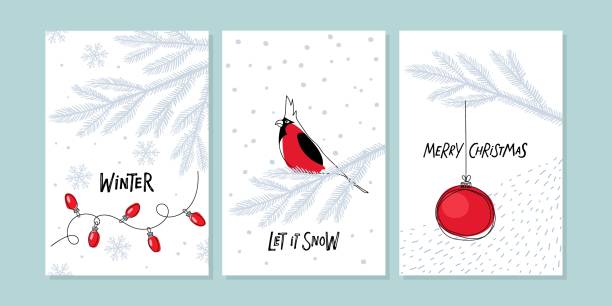 рождественские поздравительные открытки или плакаты с луковицами гирлянд, еловой веткой, с кардинальной птицей и елочным шаром на фоне сне - tree winter bird branch stock illustrations