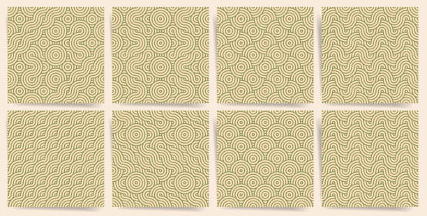 Asian style mandala seamless pattern set. Geometric seamless ornaments collection for fabric, textile, paper background. Japanese motif wavy mandala pattern design. 正方形 stock illustrations
