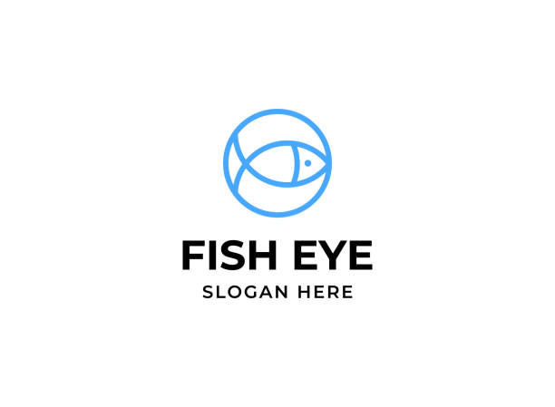 Fish eye logo. Fish in circle logotype Fish eye vector linear logo. Fish in circle blue logotype. Fishing company symbol. Seafood icon for restaurant, food delivery, market, menu commercial tuna fishing stock illustrations