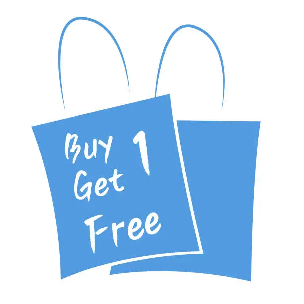 Vector illustration of A poster template design with cut out of two overlapping bright blue shopping bags with white text  Buy 1 Get 1 Free written in white colour, for buy one get one free sales