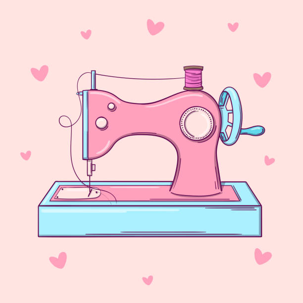 ilustraciones, imágenes clip art, dibujos animados e iconos de stock de vieja máquina de coser rosa dibujada a mano sobre fondo rosa con corazones - seam needle textile industry thread