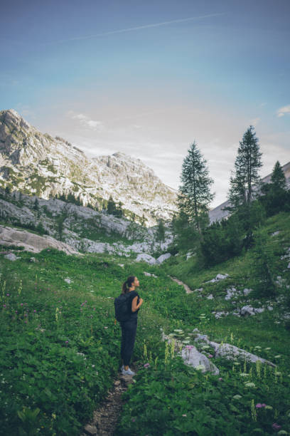 istock Female hiker follows trail through grassy meadow 1341651582
