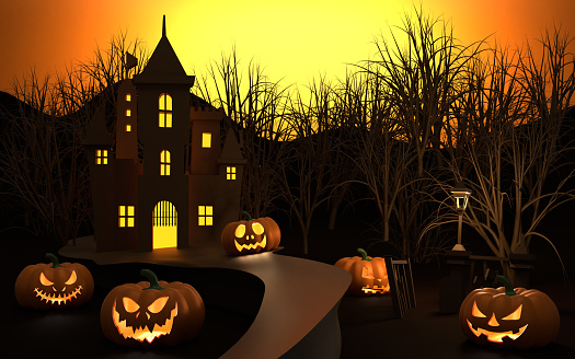 Carved pumpkins for Halloween on the road of a castle or a mansion in a creepy forest scene at night. Easy to crop for all your social media and design need.