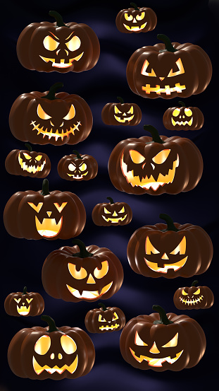 Spooky carved squashes for Halloween holiday in different poses on black background. Easy to crop for all your social media and design need.