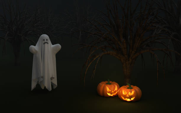 istock Carved Pumpkins for Halloween with a Ghost in a Scary Forest 1341653158