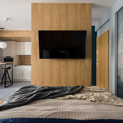 Big tv on wooden wall in modern and stylish studio apartment with bedroom open to kitchen