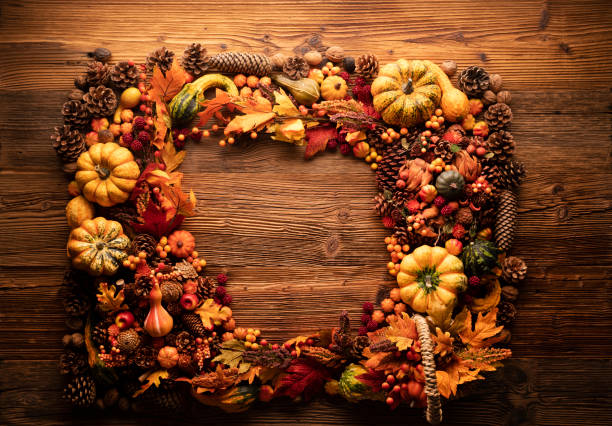 istock Autumn composition on a rustic wooden background. 1341653351