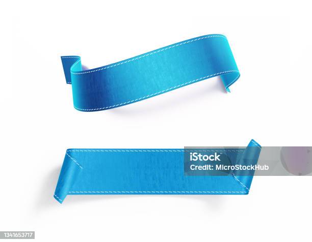 Blue Ribbon Pair Sitting Over White Background Stock Photo - Download Image Now - Award Ribbon, Ribbon - Sewing Item, Banner - Sign