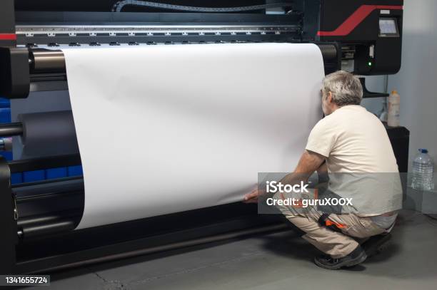 Plot Machine Operate Technician Operator Works On Large Premium Industrial Printer Plotter ...