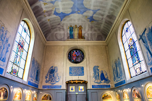 Saint germain en Laye, france, april 08,  2017 : interiors and decors of the chapel  made by french painter Maurice Denis,  19th century