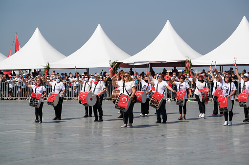 Izmir, Turkey - September 9, 2021: Izmir woman ryhthm group performing on the Republic square in izmir and on the day of Liberty Izmir.