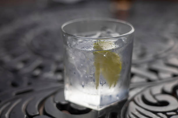 istock Ice cold gin and tonic in a glass on a table 1341661031