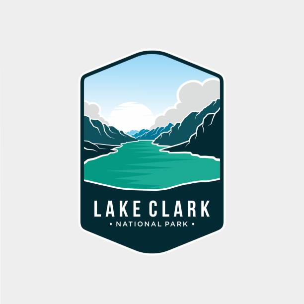 illustrazioni stock, clip art, cartoni animati e icone di tendenza di lake clark national park emblem patch icona illustrazione - alaska landscape scenics wilderness area