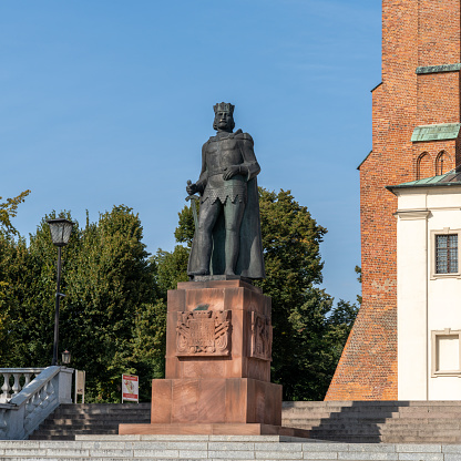 Gniezno, Poland - 7 September, 2021: statue of King Boleslaw Chrobry in front of the Royal Cathedral in Gniezno