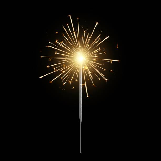 Burning sparkler. Bengal light realistic, christmas, new year and happy birthday sparkling candle, pyrotechnics for party. Firework isolated on black background. Vector 3d illustration Burning sparkler. Bengal light realistic, christmas, new year and happy birthday sparkling candle, pyrotechnics for party. Firework isolated on black background single element. Vector 3d illustration fireworks and sparklers stock illustrations