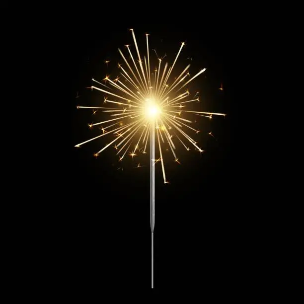 Vector illustration of Burning sparkler. Bengal light realistic, christmas, new year and happy birthday sparkling candle, pyrotechnics for party. Firework isolated on black background. Vector 3d illustration