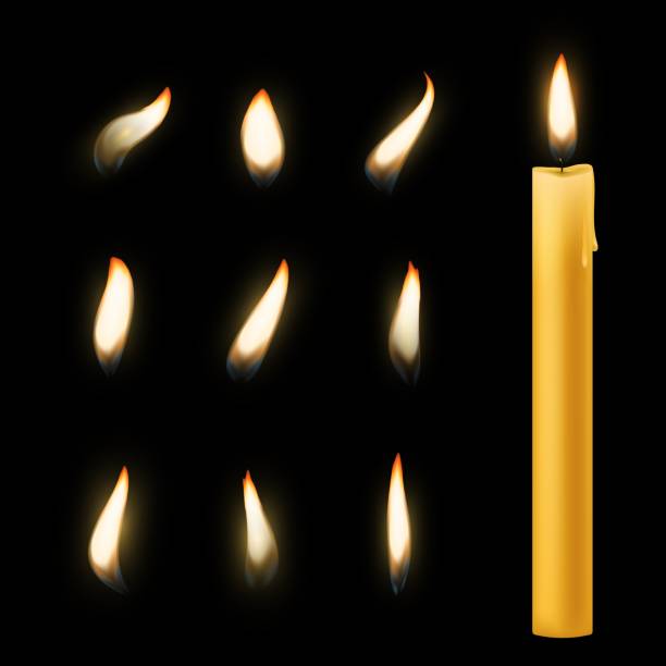 ilustrações de stock, clip art, desenhos animados e ícones de flame candle. holiday romantic wax burning natural color candles, warm fire light close-up wick for animation picture, spa or christmas dinner decoration. vector 3d isolated on black set - medical animation