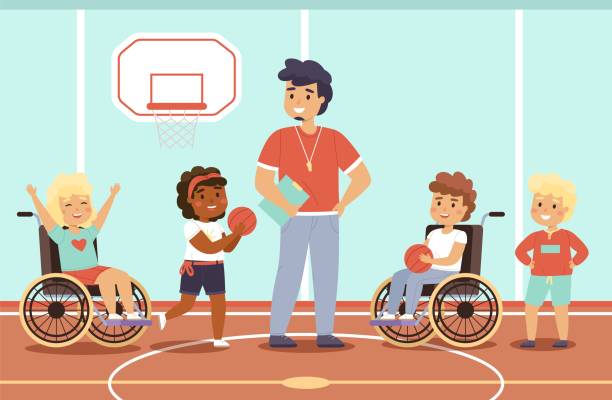 ilustrações de stock, clip art, desenhos animados e ícones de disabled kid sport. happy children in gym with coach, fun young wheelchair athletes, mixed sports team, active equal rivals. students play basketball. vector cartoon flat isolated concept - child basketball sport education