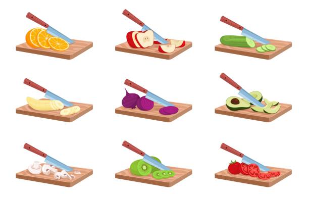 Fruits cutting board. Chopped vegetables, knife slicing raw ingredients angle view, salad cooking process, dish preparation kitchen tools, vegetarian healthy food vector isolated set Fruits cutting board. Chopped vegetables, knife slicing raw ingredients angle view, salad cooking process, dish preparation kitchen tools, vegetarian healthy food dieting nutrition vector isolated set tomato slice stock illustrations