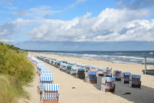 Empty beach chairs, in Germany called strandkorb,  in the sand at the Baltic sea coast, tourism resort Zinnowitz on the island Usedom under a blue sky with clouds, copy space, selected focus, narrow depth of field
