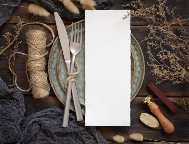 istock Blank paper card on plate with bohemian decoration 1341664420
