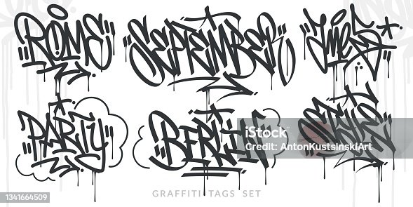 istock Flat Abstract Hip Hop Hand Written Urban Street Art Graffiti Style Words Vector Illustration Set 1341664509