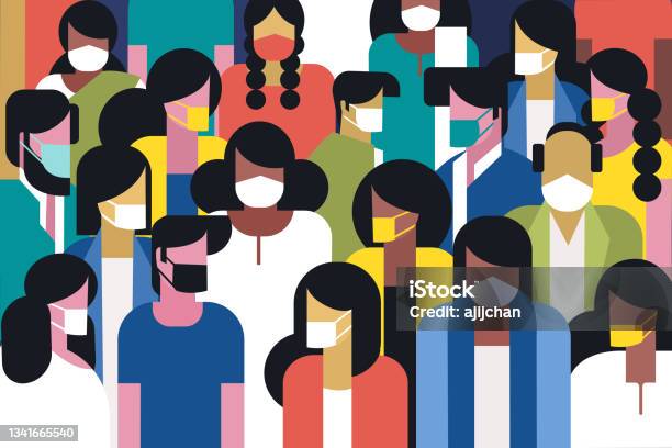 Crowd Of People Wearing Protective Masks Stock Illustration - Download Image Now - Protective Face Mask, Meeting, Coronavirus