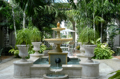 Wide angle shot of the Courtyard Fountain at The Breakers in Palm Beach, Florida.
