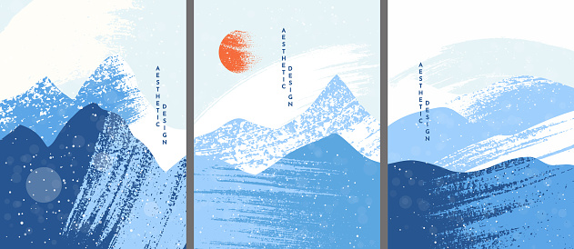 Vector illustration. Abstract landscape background. Ink brush stroke drawing. Vintage retro art style. Design elements for poster, cover, magazine, postcard. Blue, white color. Winter cold snow season