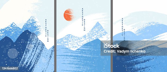 istock Vector illustration. Abstract landscape background. Ink brush stroke drawing. Vintage retro art style. Design elements for poster, cover, magazine, postcard. Blue, white color. Winter cold snow season 1341666802