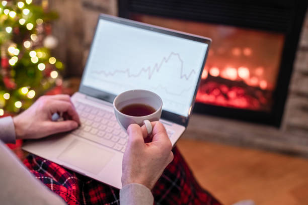 istock Man freelancer working on laptop with graphs and charts on screen sitting near christmas tree and fireplace with cup of tea. 1341667244