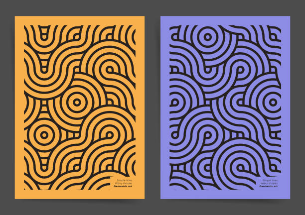 Colorful Poster design template set with geometric asian pattern. Vintage geometric posters design in asian japanese style. Minimal line art for poster, brochure, flyer, magazine or book cover and home decoration. Wavy abstract asian ornaments. drawing of chinese dragon sketch stock illustrations
