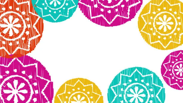Vector illustration of Vector. Perforated color patterns, hand-drawn Papel Picado pattern. Hispanic Heritage Month. Polygonal pattern for web banner, poster, cover, splash, social network. Line sketch.