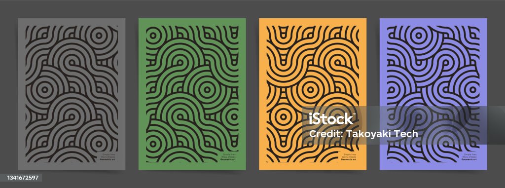 Colorful Poster design template set with geometric asian pattern. Vintage geometric posters design in asian japanese style. Minimal line art for poster, brochure, flyer, magazine or book cover and home decoration. Wavy abstract asian ornaments. Pattern stock vector Colorful Poster design template set with geometric asian pattern. Vintage geometric posters design in asian japanese style. Minimal line art for poster, brochure, flyer, magazine or book cover and home decoration. Wavy abstract asian ornaments. Pattern stock vector