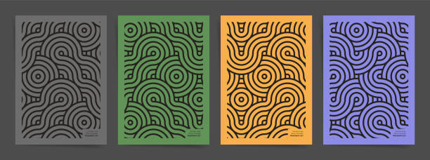 Colorful Poster design template set with geometric asian pattern. Vintage geometric posters design in asian japanese style. Minimal line art for poster, brochure, flyer, magazine or book cover and home decoration. Wavy abstract asian ornaments. drawing of chinese dragon sketch stock illustrations