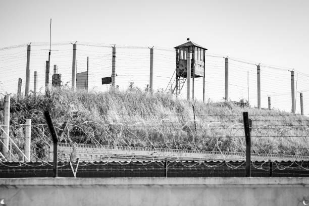 istock Observation tower. Observation deck at a military base. Black and white 1341673805