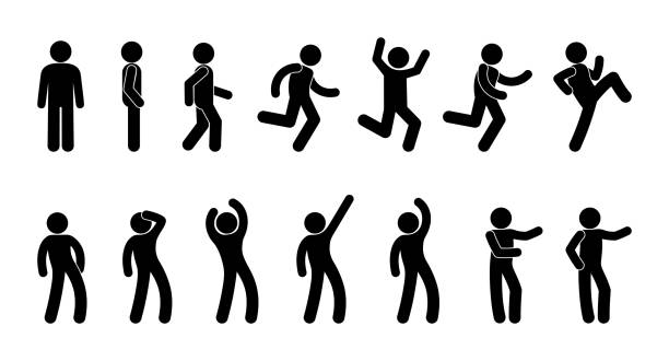 ilustraciones, imágenes clip art, dibujos animados e iconos de stock de hombre icono, gente de figura de palo, stickman camina, se para y corre, conjunto de siluetas humanas - people