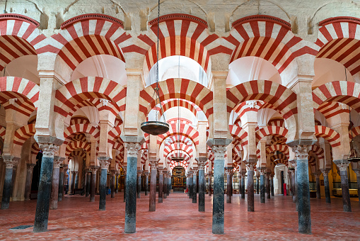 Cordoba, Andalusia, Spain - July 16, 2021: The Mosque-Cathedral of Cordoba (Mezquita) was converted into a cathedral in 1236.