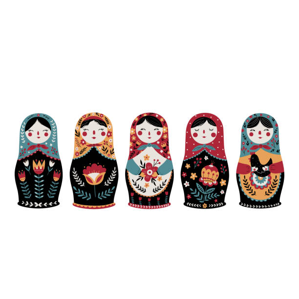 illustrations, cliparts, dessins animés et icônes de ensemble de poupée gigogne russe matryoshka. culture russe traditionnelle. jouet folklorique. poupée babushka. illustration vectorielle dessinée à la main. - russian nesting doll doll russian culture nobody