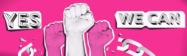 ilustrações, clipart, desenhos animados e ícones de sim, podemos conceituar banner no estilo colagem. as mãos das mulheres. design rosa, branco e preto. ilustração vetorial - patriarchy