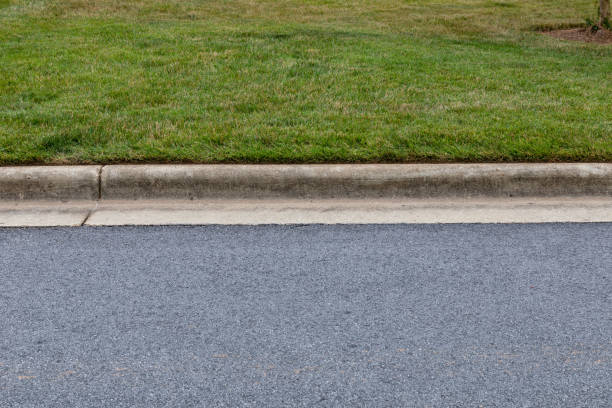 istock Carefully edged grass alongside extruded concrete curbing and asphalt street, creative copy space options 1341678030