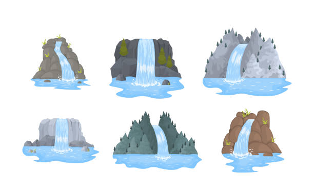ilustrações de stock, clip art, desenhos animados e ícones de set waterfall, landscapes with mountains and trees - waterfall cartoon tropical rainforest vector