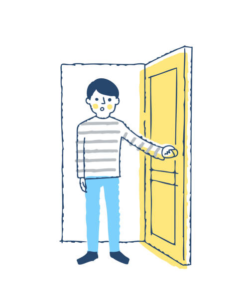 Young man opening the door Room, opening and closing, indoors, house, ventilation, enter young asian man opening door stock illustrations