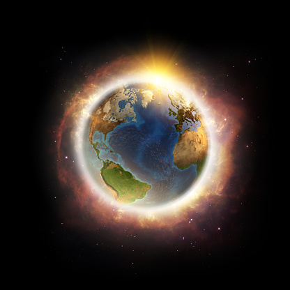 Global warming, climate change, worldwide disaster on Planet Earth. 3D illustration (Blender software), elements of this image furnished by NASA (https://eoimages.gsfc.nasa.gov/images/imagerecords/73000/73776/world.topo.bathy.200408.3x5400